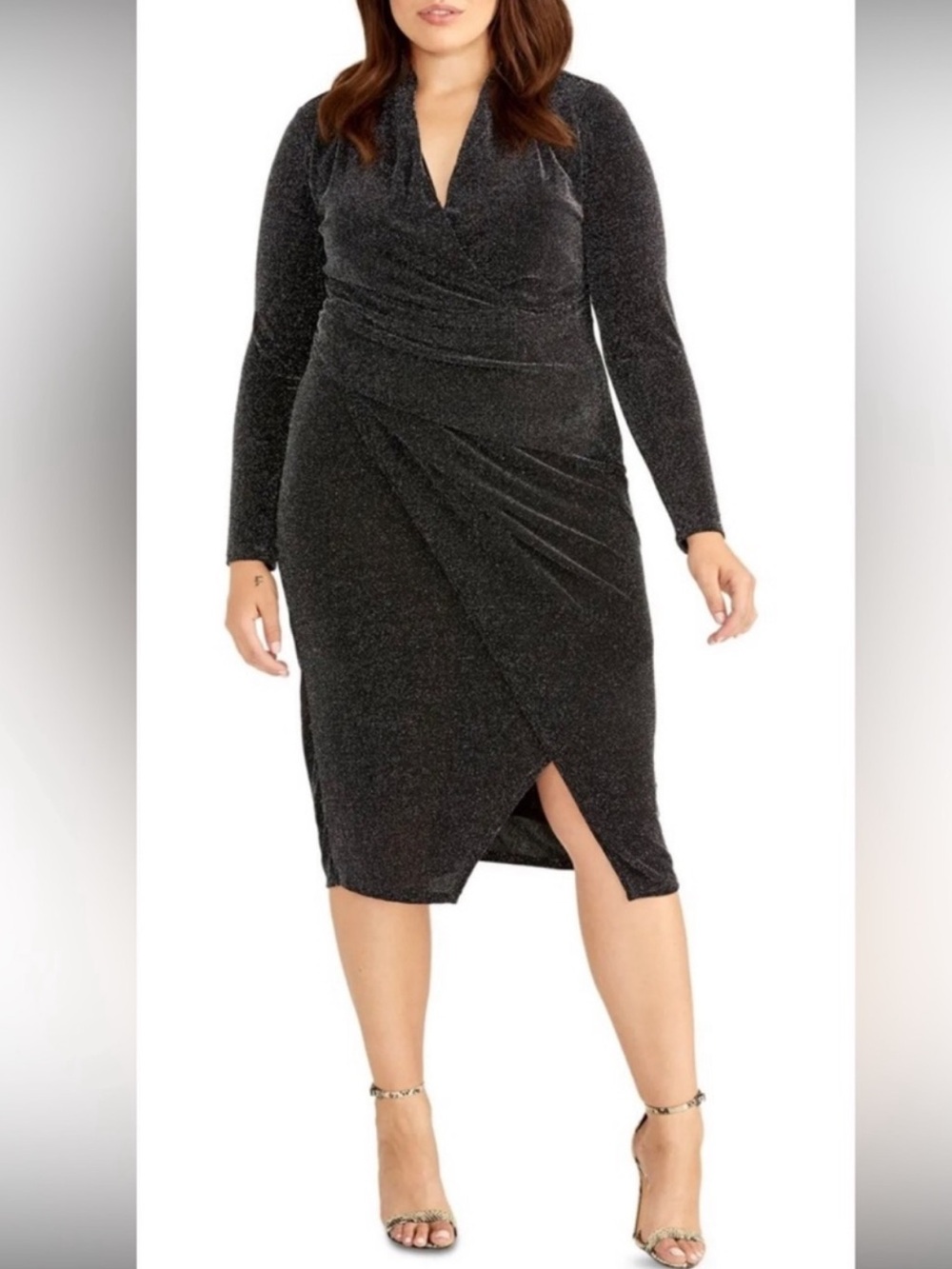 Rachel Roy Cowl Neck Long Sleeve Cocktail Gown, Black w Silver Stitching, Sz XL